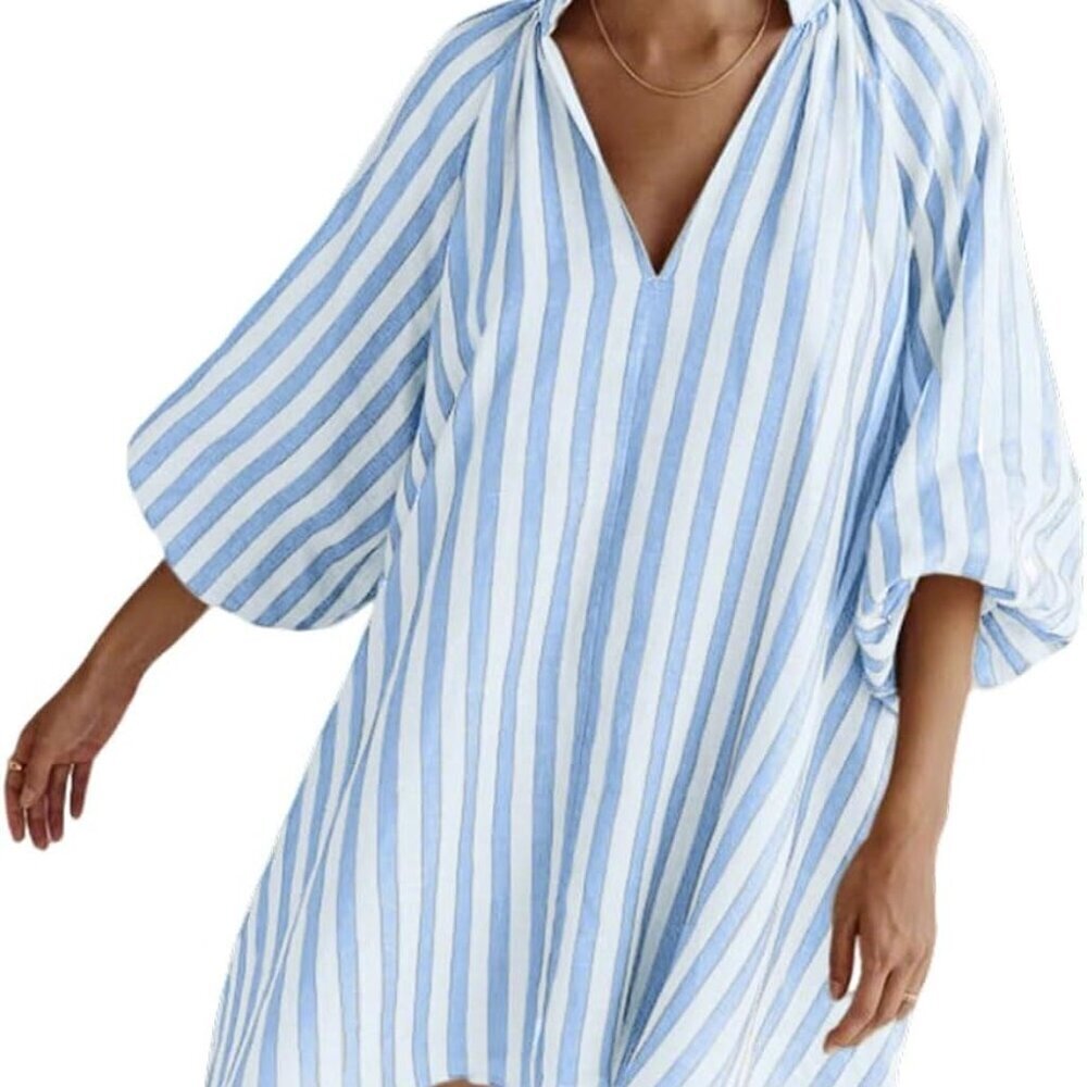 Women Summer Striped Cotton Mini Dress 3/4 Sleeve Boho Chic Vacation Wear